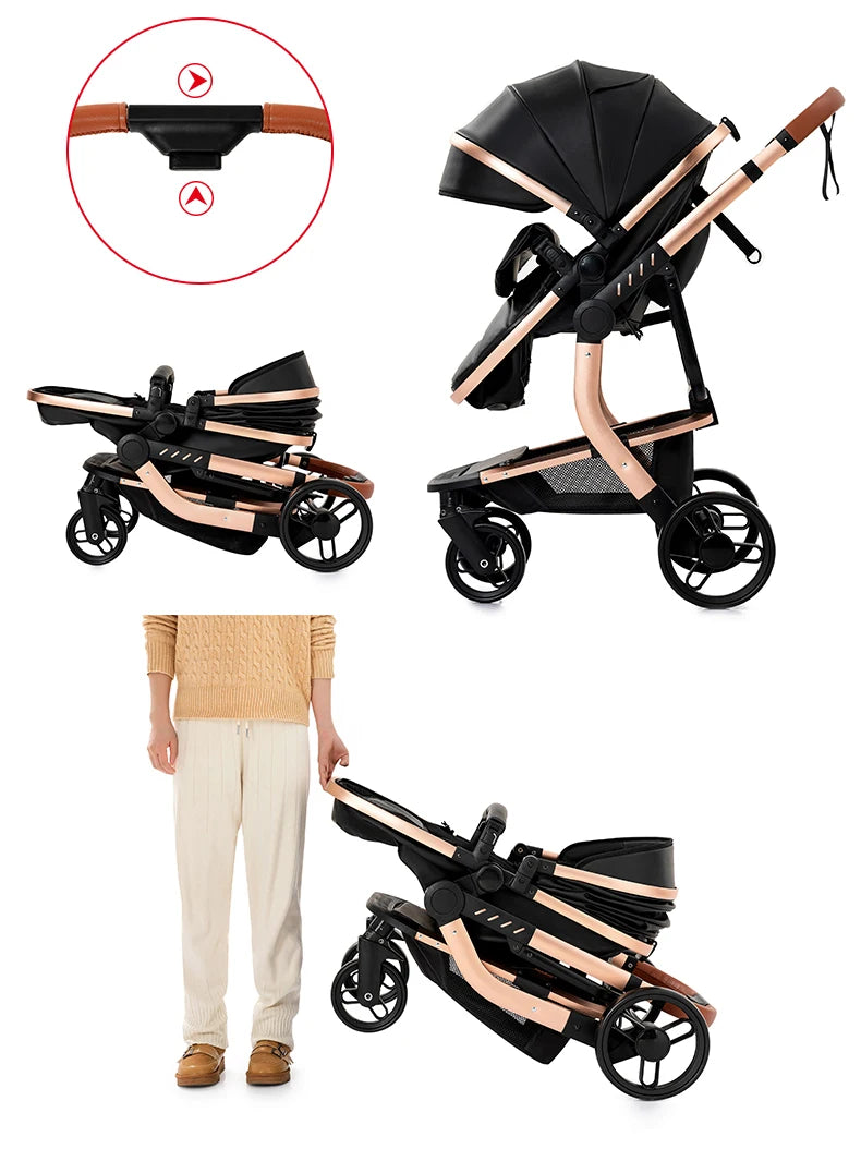 Poussette bébé 3 en 1 poussette nouveau-né poussette landau haute qualité bébé Senior Portable roue en caoutchouc PU cuir Parm