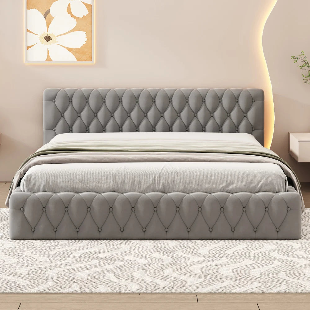 Lit double moderne 140x200 cm pour ado, velours doux pour la peau, Gris