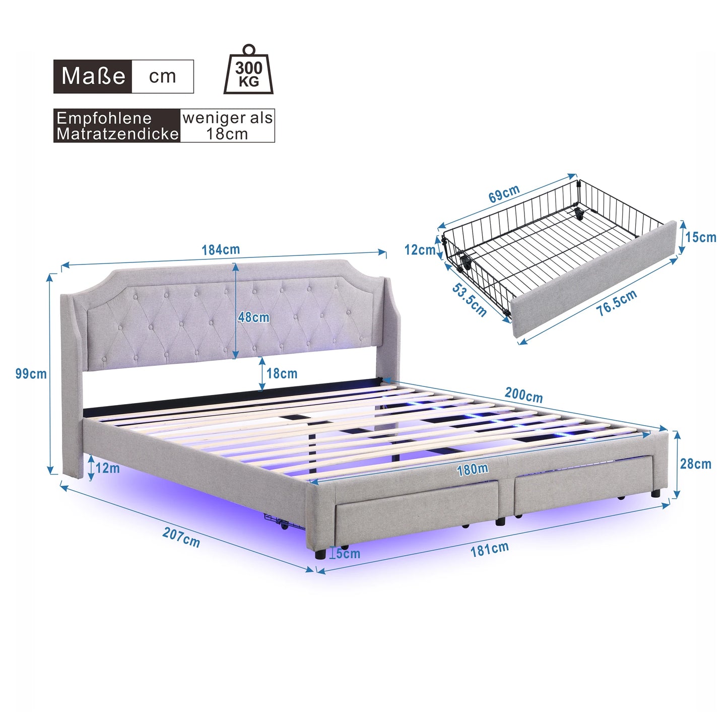 Lit rembourré 180x200 avec sommier à lattes et 2 tiroirs, lit LED, lin, Gris, (Sans matelas)