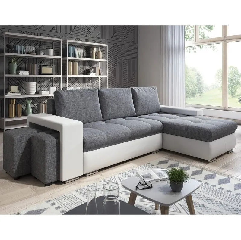 Canapé d'angle lit convertible blanc et gris + 2 poufs L.255 x P.165 x H.90 cm Canapé rembourré réversible pour salon